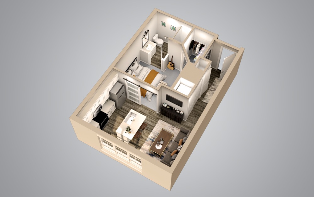 A1 - 1 bedroom floorplan layout with 1 bathroom and 607 square feet