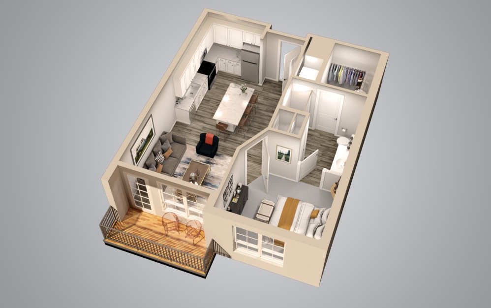 A2 - 1 bedroom floorplan layout with 1 bathroom and 747 square feet