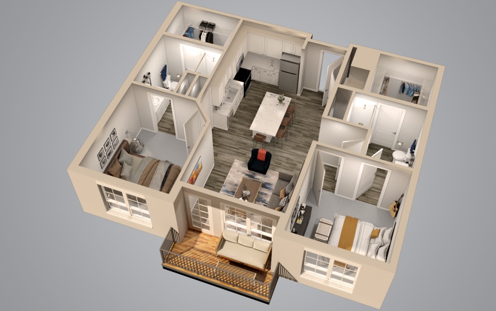 B2 - 2 bedroom floorplan layout with 2 bathrooms and 1099 square feet
