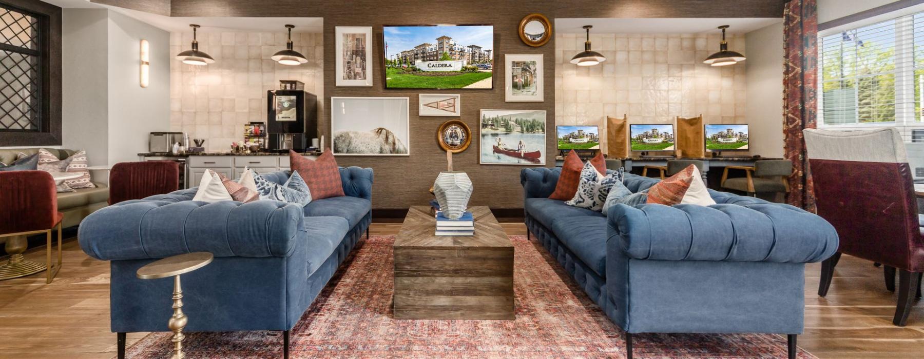 a living room with blue couches